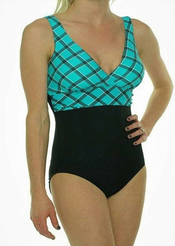 Traje de baño Tropical Honey para mujer cuello en V 1 pieza aguamarina/negro, talla 8 Foto 2 de 3
