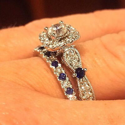 Vera Wang Love 1Ct Simulated Diamond & Sapphire Halo Ring Set White Gold Plated