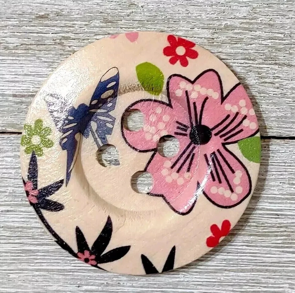 natural wood large button sewing 4 hole 2 inch pink butterfly - Image 2 of 2