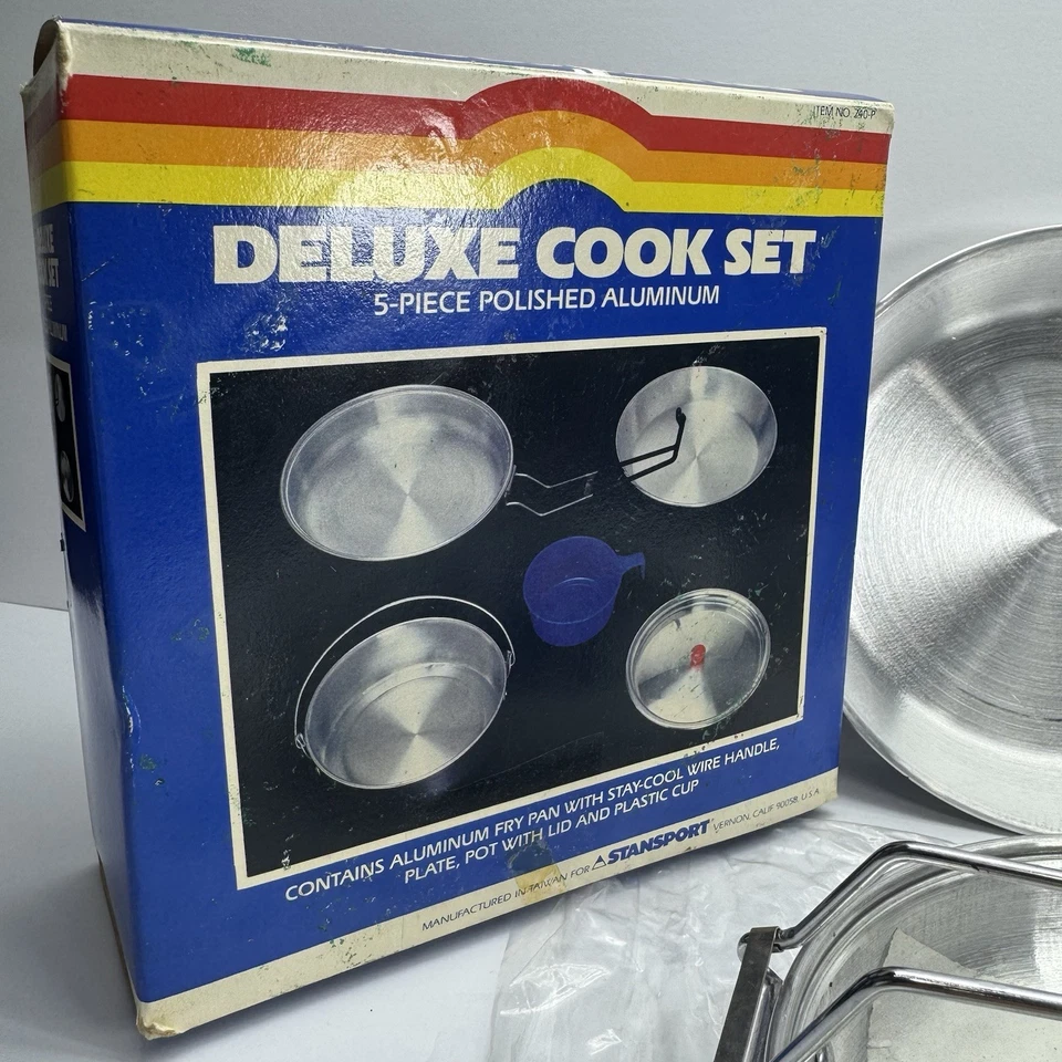 VINTAGE NOS Stansport Aluminum Cook Set 5 Pc Nesting Cooker Pan Pot Cup No.240-P - Image 3 of 4
