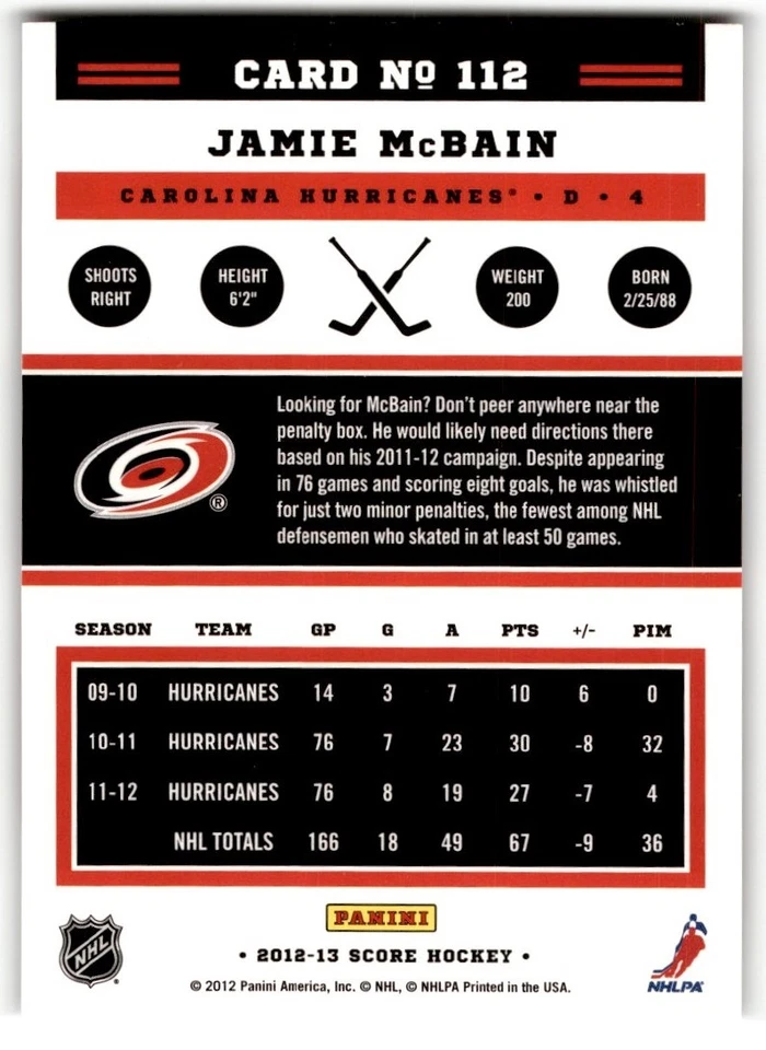 Jamie McBain 2012-13 Score Gold Rush #112 Carolina Hurricanes - Image 2 of 2