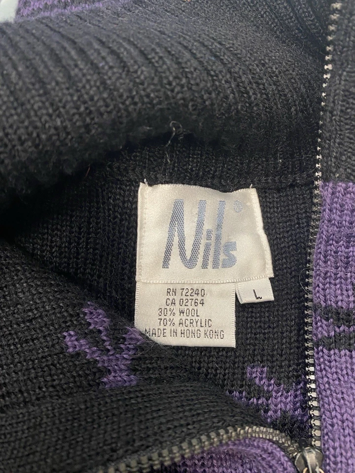 Suéter NILS TALLA GRANDE L púrpura negro esquí copos de nieve cremallera nórdica años 90 Y2K Foto 3 de 4