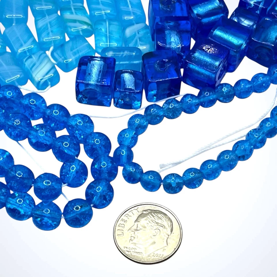 Czech Glass Beads Lot Blue Crackle Round Square Pressed Rectangle Swirl 6 - 12mm - Image 3 of 4