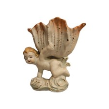 Vintage Occupied Japan Bisque Angel/Cherub Holding A Shell Planter.