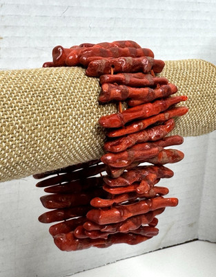 Vintage Red Coral Stick Branch Bamboo Bead Stretch Bracelet Elastic 2''W