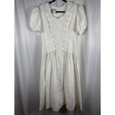 Vintage Scott McClintock White Lace Trim Puff Sleeve Formal Dress Size 14 READ