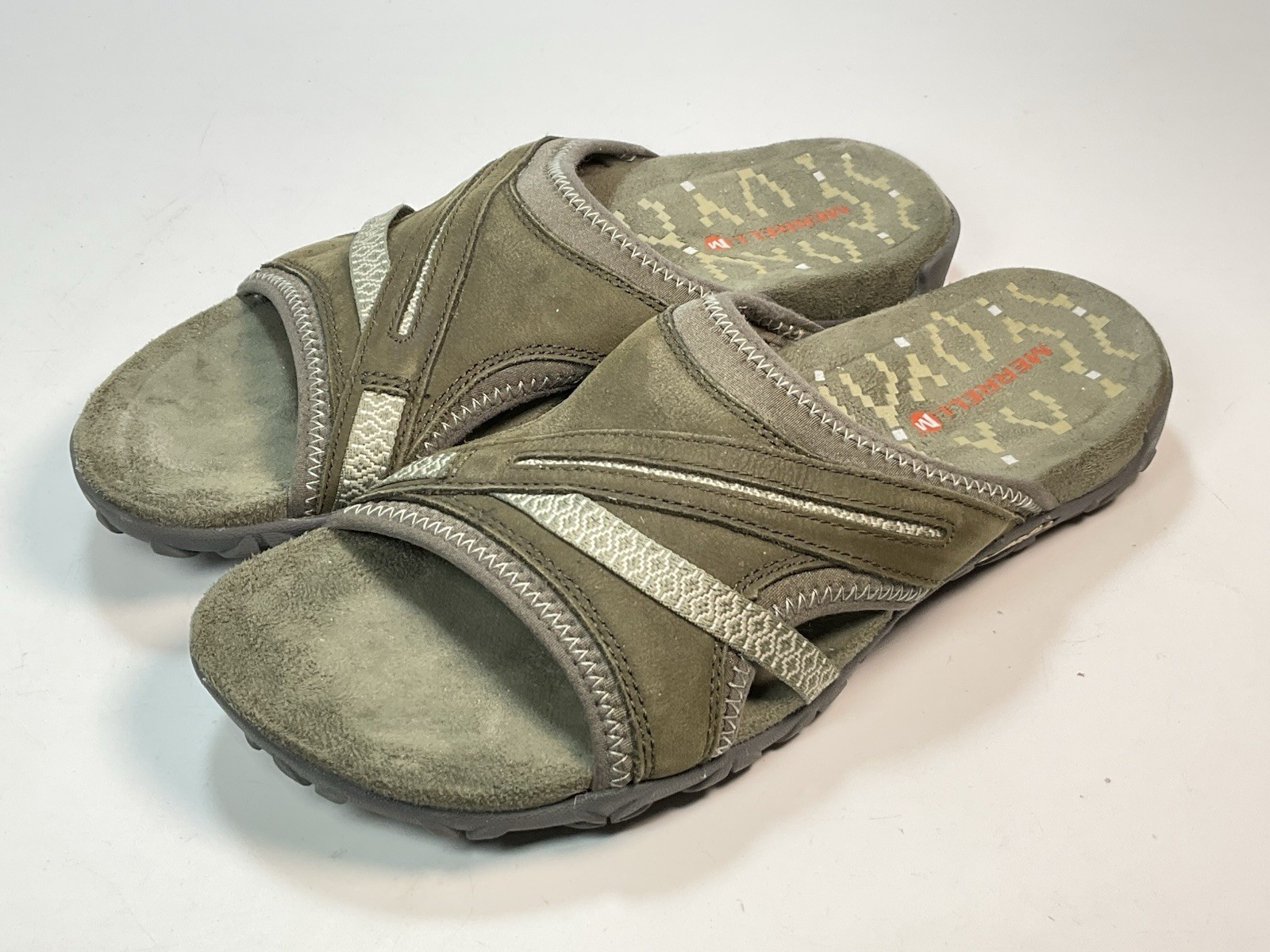 Sandalo MERRELL Terran Slide II TAGLIA 6 stucco pelle verde cachi punta aperta slip on