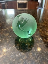 Vintage Glass World Globe Earth Paperweight green Frosted Etched Glass