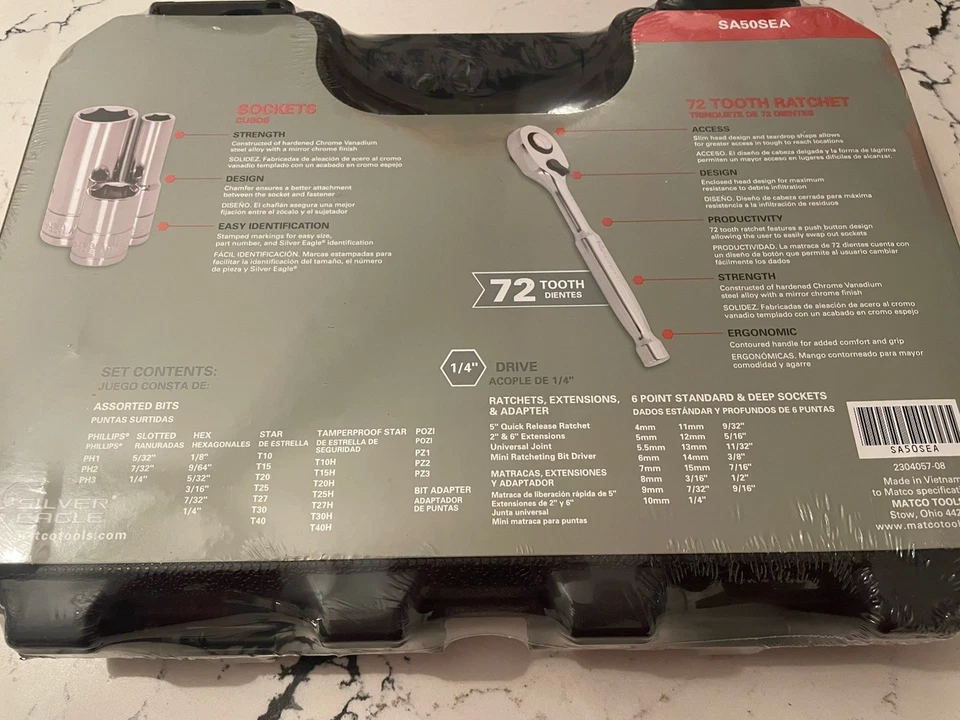 Запечатанный Matco Silver Eagle 52 шт. 1/4 дюйма привод 72 зуба поколение SVC. Набор в футляре для магазина - Изображение 2 из 2