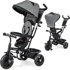 Gray 4-in-1 Toddler Tricycle with Reversible Seat Storage Basket - Safe Riding