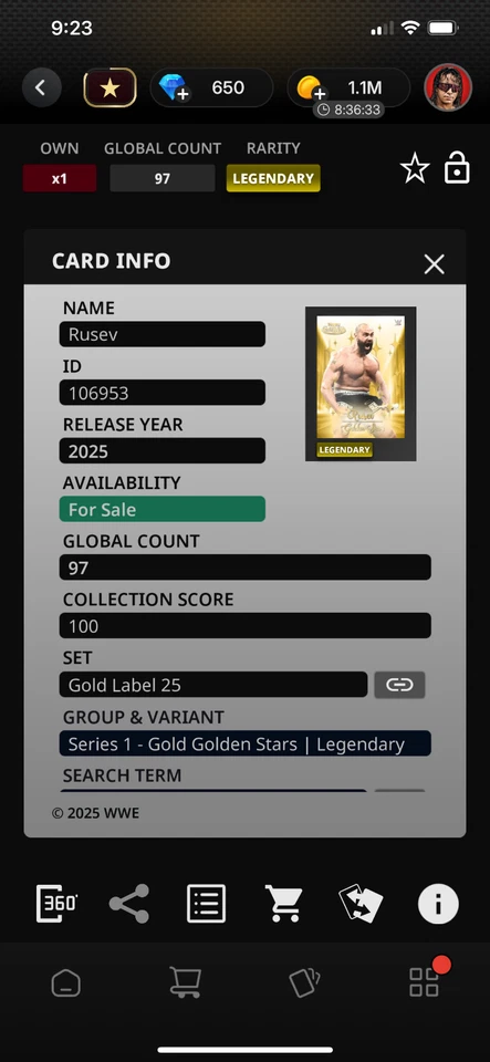 DIGITAL Topps WWE Slam Gold Label 25 Rusev Gold Golden Stars - Image 2 of 2