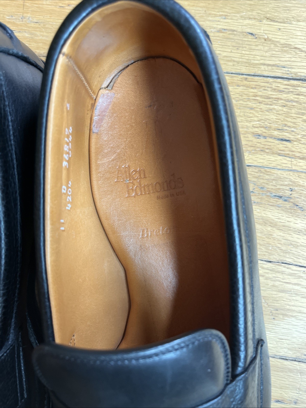 SAOLA Mocassino Allen Edmonds uomo pelle nera "Breton" Penny suola gomma taglia 11D CE!