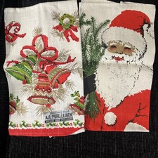 2 Vintage Weihnachten PARISER DRUCKE Leinen Handtücher, Weihnachtsmann & Glocken - Neuwertig