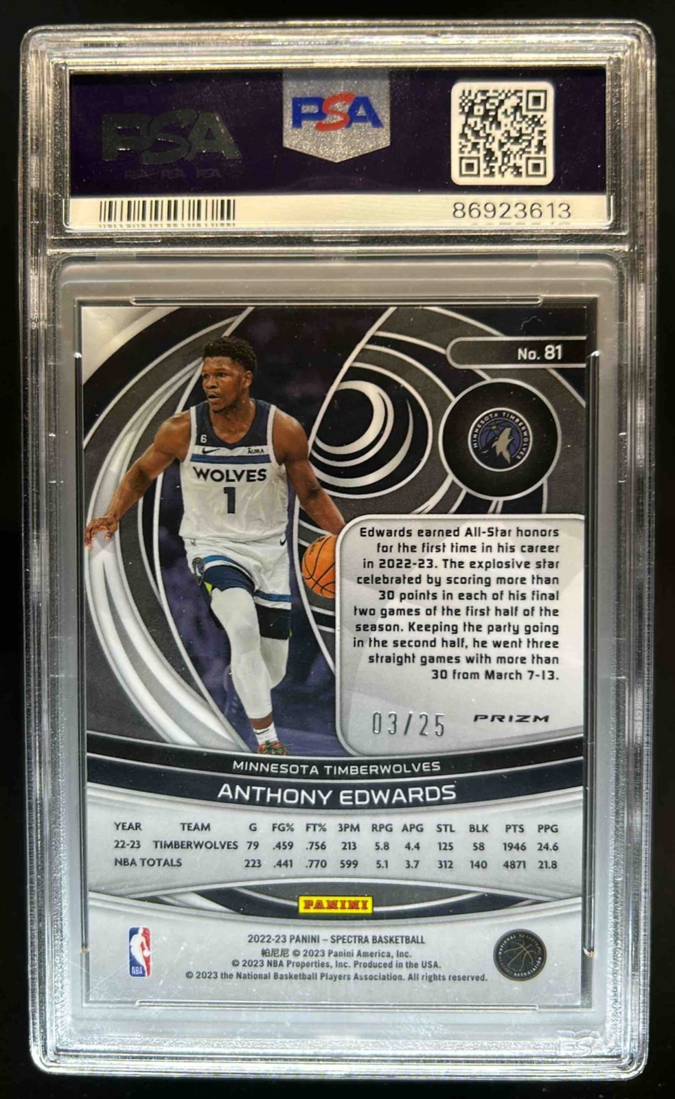 2022-23 Panini Spectra Anthony Edwards Prizm Meta #/25 Timberwolves PSA 9 view 2