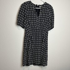 LOFT Dress Womens 2 Black Floral Embroidered V Neck Puff Sleeve Sheath Short