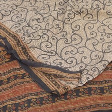 Sanskriti Vintage Saree Ivory Pure Crepe Floral Printed Sari 5.5 Yd Craft Fabric