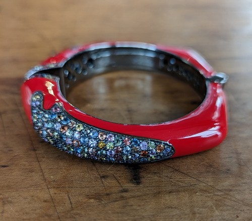 Rina Limor Red Enamel Bracelet 925 Sterling Silver Clamper Bangle Cuff Signed - Picture 4 of 7