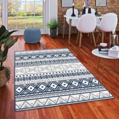 In- und Outdoor Teppich Beidseitig Cape Cod Ethno Blau Creme