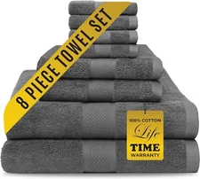 8 PIECES GRAY TOWEL GIFT SET (2 BATH, 2 HAND, 4 WASHCLOTH TOWELS ) 100% COTTON