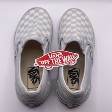 Vans Women's Light Blue and White Checkered Slip On Shoes Size 6.5