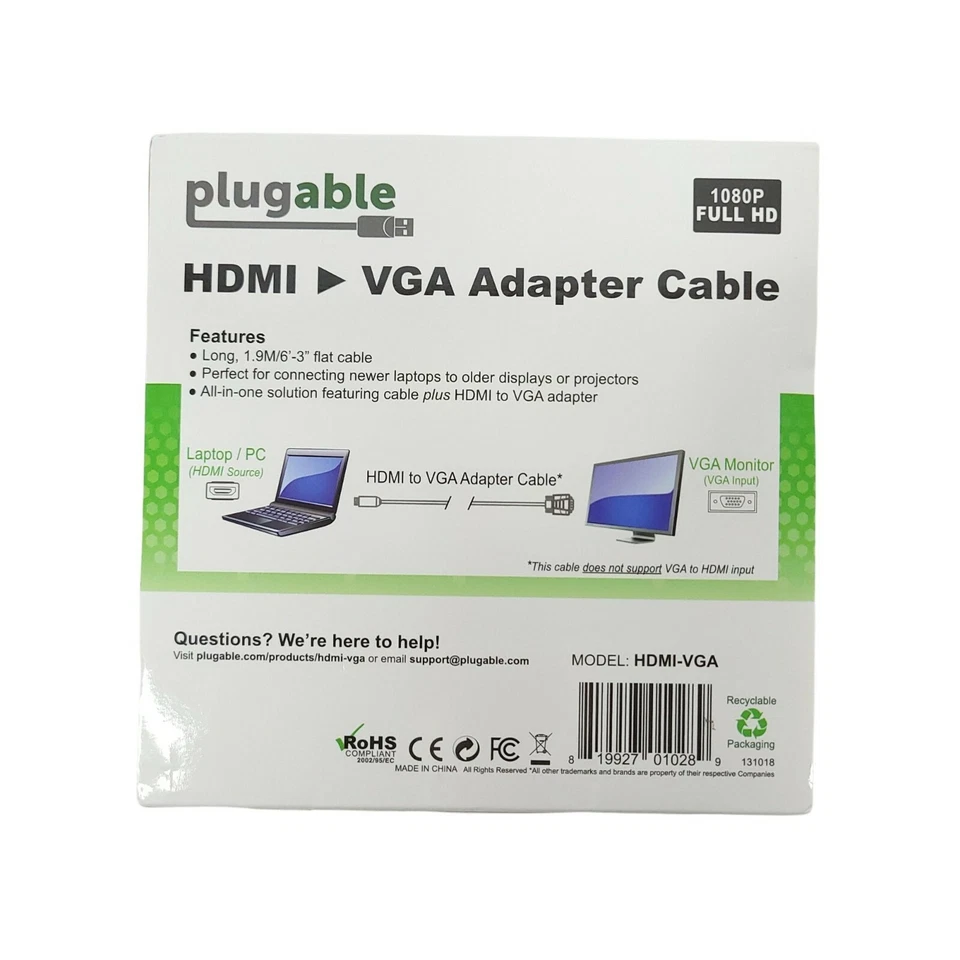 Plugable HDMI - VGA 6 Foot Adapter Cable 1080p Full HD display Model HDMI-VGA - Image 2 of 4