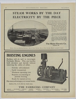 1910 Fairbanks Co. Ad: Hoisting Engines for Elevators & Derricks - Pictured