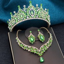3Pcs Green Bridal Wedding Crown Sets Tiaras Bride Headdress Jewelry Sets Costume