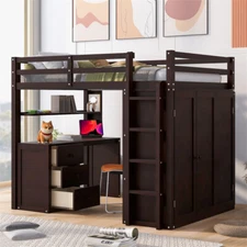 Solid Wood Full Size Loft Bed w/Desk ,Drawers & Wardrobe for Kids Adult-Espresso