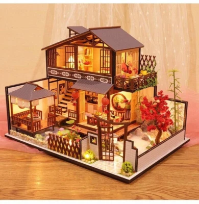 JT Japanese Shop DIY Miniature Dollhouse Music Box LED Light Doll House Dust Cover