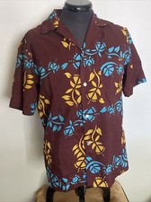 Vintage Pomare Hawaiian Shirt Brown Medium Coral Water Flowers Aloha Made in USA