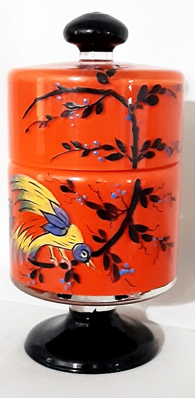 Orange Bohemian Art Glass/Tea Pedestel Jar; Hand-Painted, 5.5" - LAST CHANCE