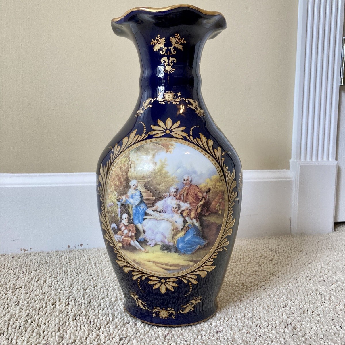 Navy Blue & Gold Limoges Courting Couple Scene Decorative Vase W