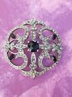 Silver Round Scroll Nwot 1980s Vintage Rhinestone Brooch Pin Faceted Black