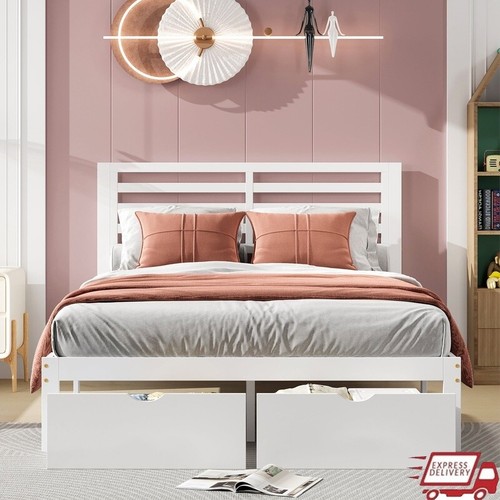 Storage Bed Frame W/ Headboard Drawers No Box Spring Full Size Wood Platform New
