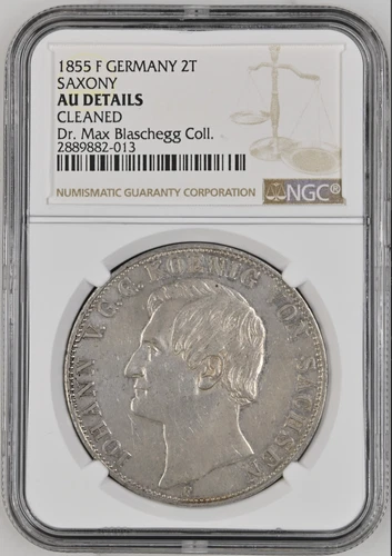1855 Germany Saxony 2 Thaler Coin NGC AU, ex Dr. Max Blaschegg Collection!