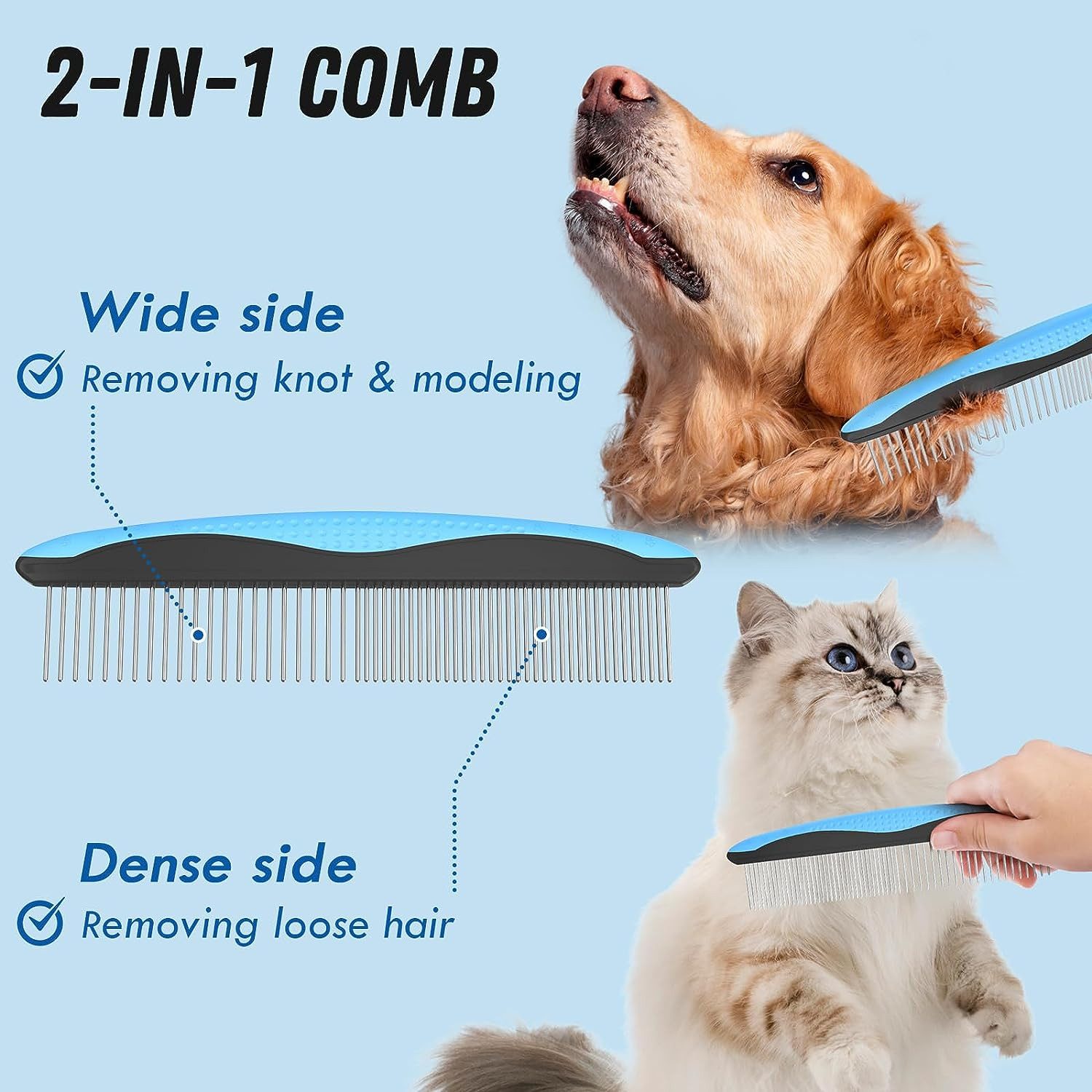 Pet Grooming Combo - Blue Deshedding Brush with Metal Comb for Detangling and De