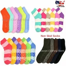 6 Pairs Women Warm Cozy Fuzzy Plush Soft Non Skid Slipper Winter Socks 9-11 Lot