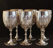 SET OF 6 ANTIQUE 10 1/2" ENGLISH VICTORIAN SILVER-PLATED EMBOSSED GOBLETS