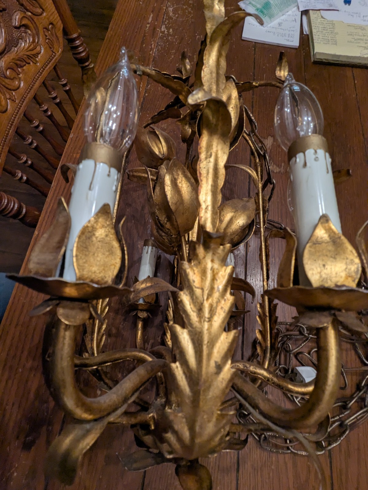 Italian Gilt GoldTole Italy Swag Light  Chandelier Hollywood Regency Mid Century