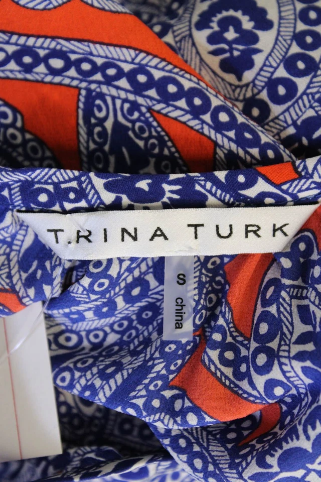 Blusa Top Azul Trina Turk Para Mujer Estampado de Seda Cuello Redondo Manga 3/4 Talla S Foto 4 de 4
