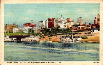 River Front & Levee to Business District Memphis Tennessee Linen Postcard Boats