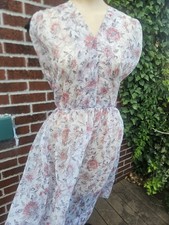 Vintage 1950s Sheer Crepe Day Dress Grey Pink 35" Waist