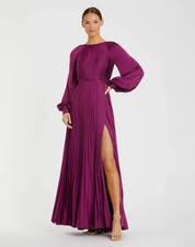 Mac Duggal 26590 Long Sleeve Pleated Satin Dress Gown Berry Pink Sz 2 NEW
