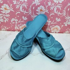 Satin Blue Vintage Vanity Fair Wedge Heel Open Toe Slipper Slides Boudoir Sz 5/6