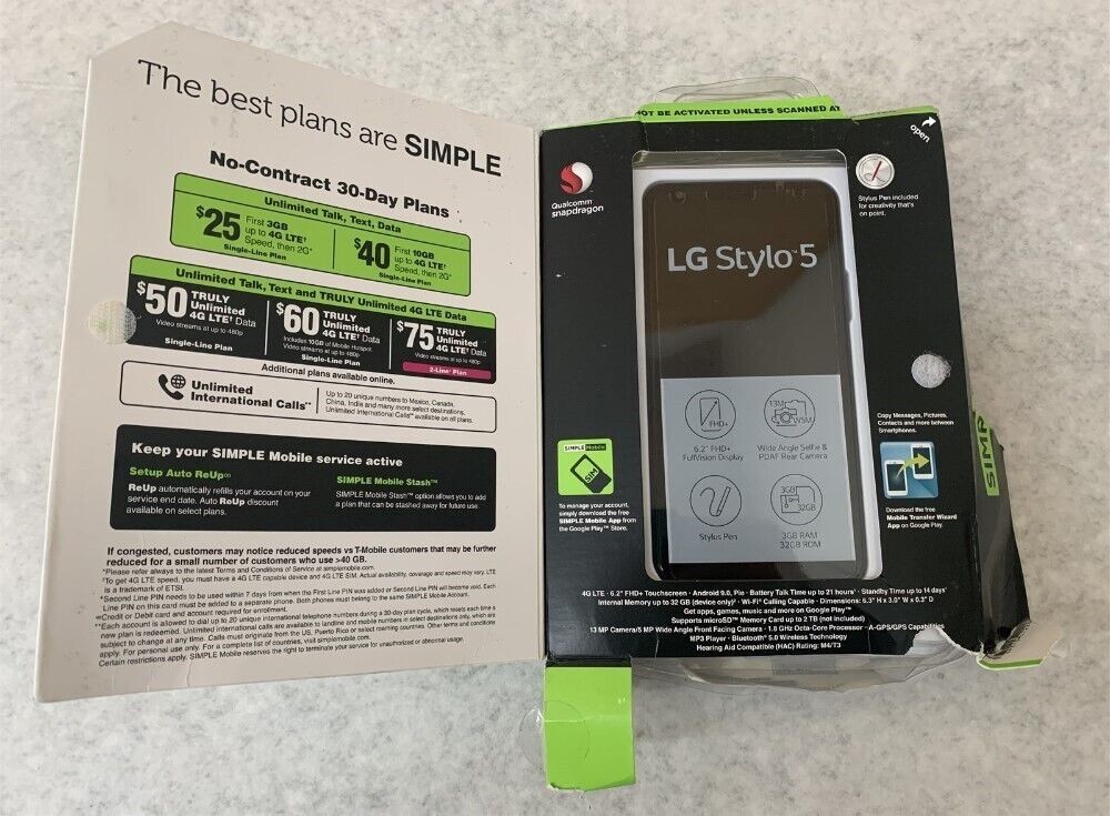 LG Stylo 5 6.2" 32GB ROM/3GB RAM Prepaid Cellphone for Simpl
