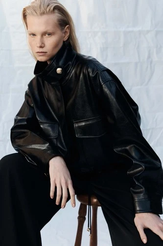 Annette Leather Jacket Women’s Black Cropped Oversized Genuine Leather Jacket image 4