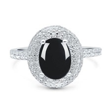 Oval Natural Black Onyx Double Halo CZ Engagement Ring 925 Sterling Silver