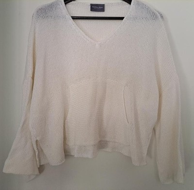 Wooden Ships Chunky V Neck Cropped Cotton Sweater Pocket Relaxed Fit, Size S/M