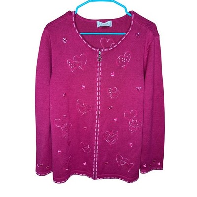 Vintage Pink Valentines Women's Pink Heart Zip Up Cardigan Sweater 1X
