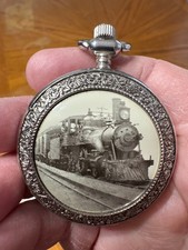 Train Locomotive Pocket Watch with Chain Silver Tone Metal Quartz Japan Movt